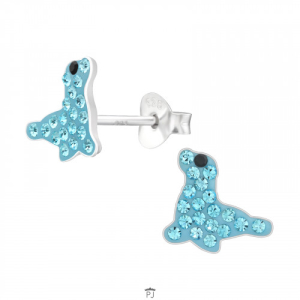 Oorknopjes zilver zeehond met kristallen