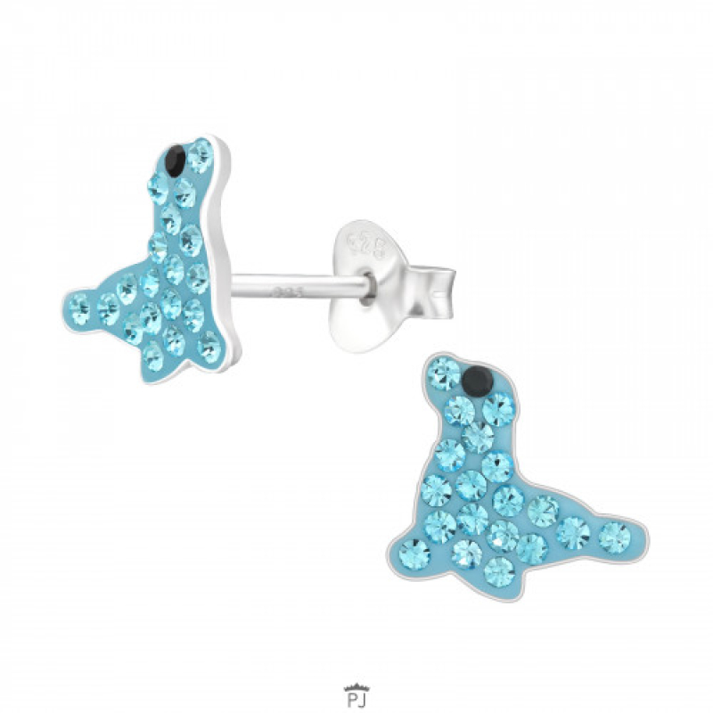 Oorknopjes zilver zeehond met kristallen