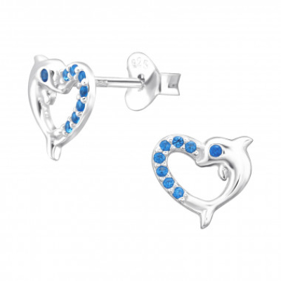 Oorknopjes zilver dolfijn in hart blauw