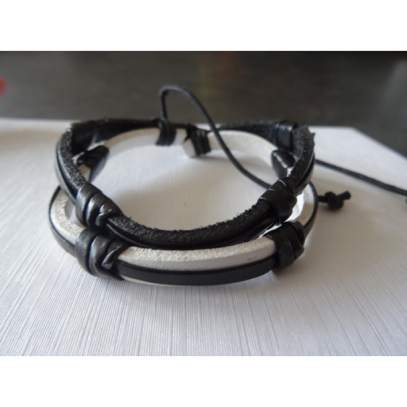 Leren armband zwart/wit 2 bands