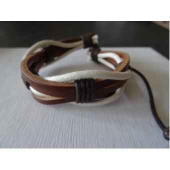 Leren armband bruin/wit met touw