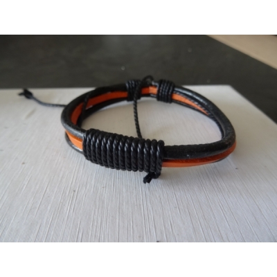 Leren armband zwart/oranje met touw