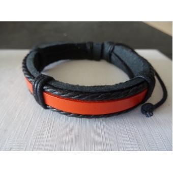 Leren armband zwart met oranje band