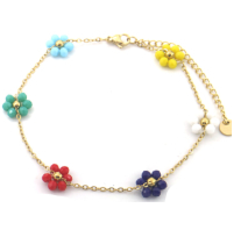 Enkelbandje stainless steel goudkleur met 5 bloemen in multicolor