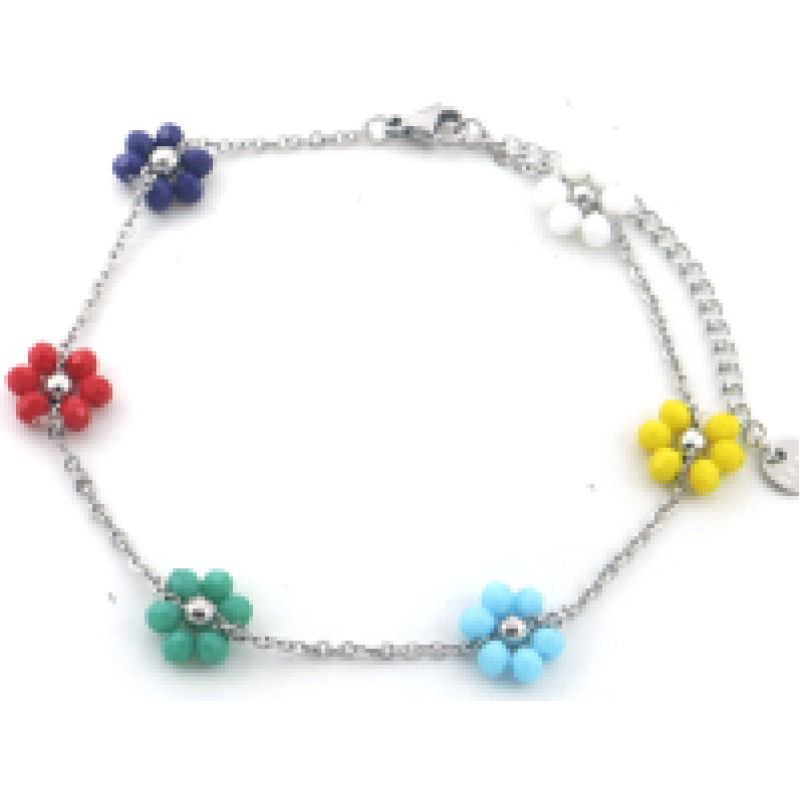 Enkelbandje stainless steel zilverkleur met 5 bloemen in multicolor