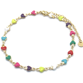 Enkelbandje stainless steel goudkleur met gekleurde hartjes