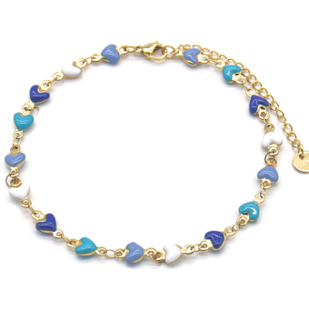 Enkelbandje stainless steel goudkleur met blauwe en witte hartjes