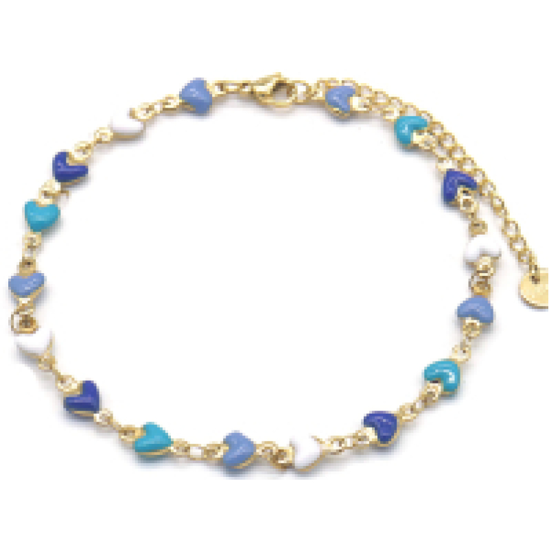 Enkelbandje stainless steel goudkleur met blauwe en witte hartjes