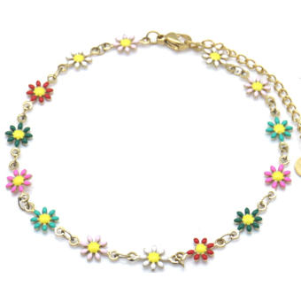 Enkelbandje stainless steel goudkleur met bloemen in multicolor