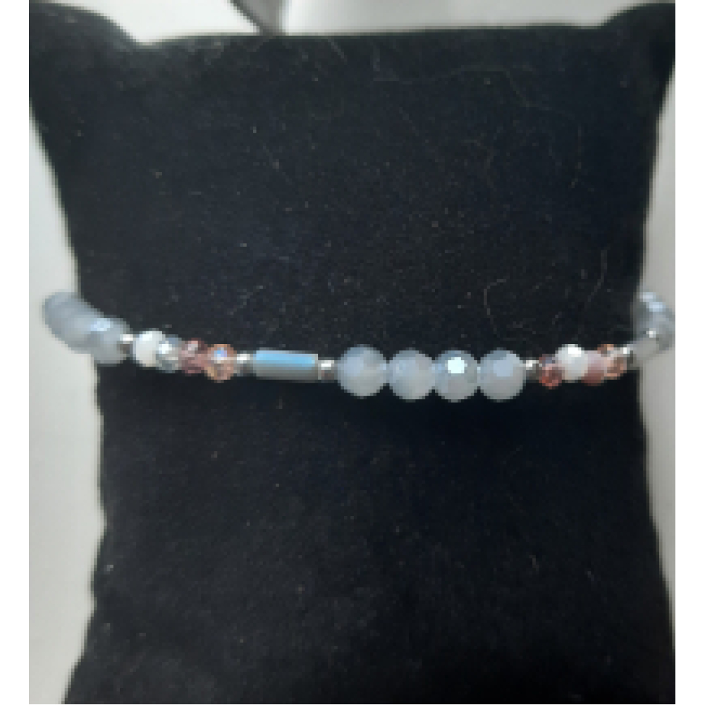 Kralenarmband dames blauw/grijs 4 rond, 1 langwerpig, 4 rose/brown