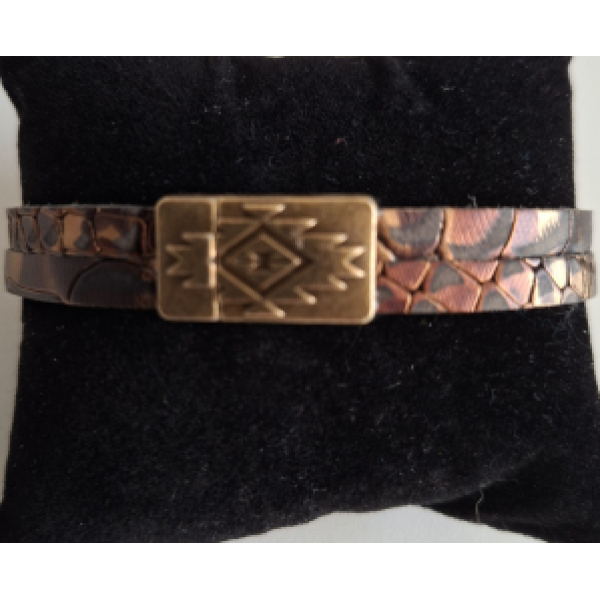 Leren armband bruin 2 banden met bronskleurige magneetsluiting 24cm