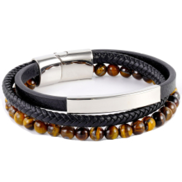 Armband leer, stainless steel en stones met rvs sluiting bruin /zwart 21cm