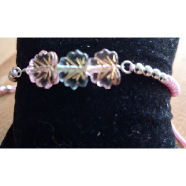 Armband Dames Gevlochten Nylon Koord Verstelbaar (22 cm) rose met 2 rose en 1 blauwe bladkraal