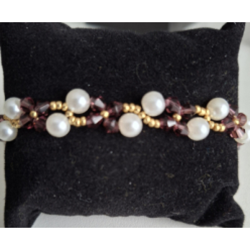 Kralenarmband dames met witte parel, Miyuki kralen en bruine bicones
