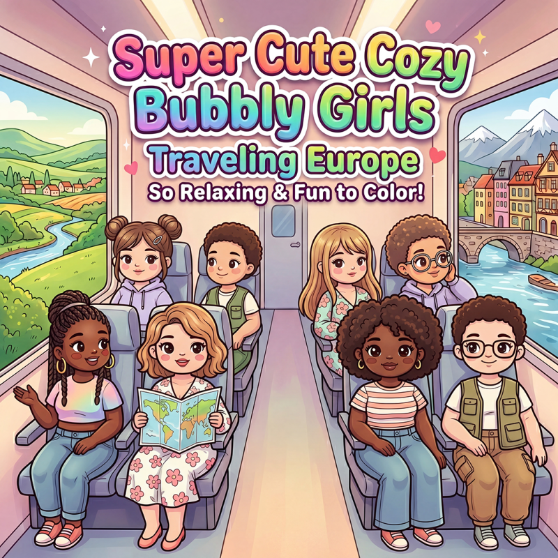 Findit Color - Coloring Book - Super Cute Cozy Bubbly Girls Traveling Europe