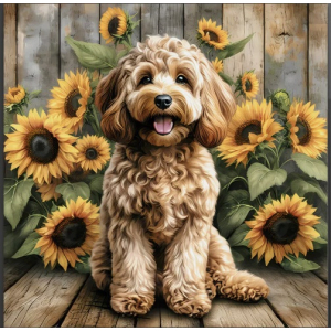 Damond painting canvas 40x30cm, painting 35x25cm: Hond met zonnebloemen