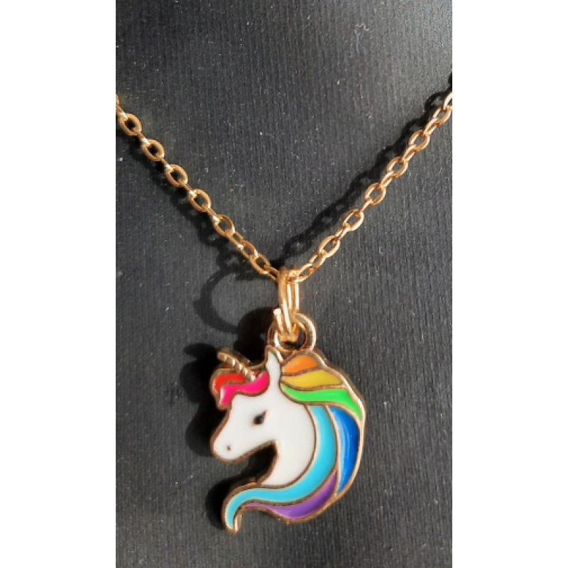 Kinderketting goudkleur met als hanger een eenhoorn in blauw/paars