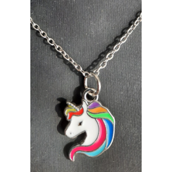 Kinderketting zilverkleur met als hanger een eenhoorn in rose/blauw