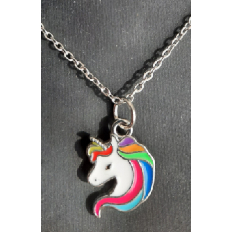 Kinderketting zilverkleur met als hanger een eenhoorn in rose/blauw