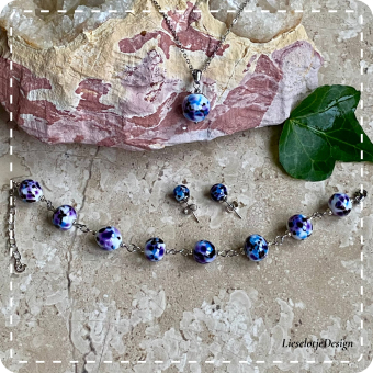 Paars blauwe sieradenset (ketting+oorbellen+armband lampwork)