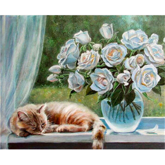 Hi Stone Diamond painting pakket 50x40 (43.5 x 32.5cm): kat met rozen
