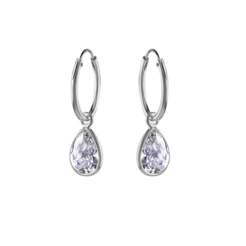 Oorhangers zilver druppel met witte kristal