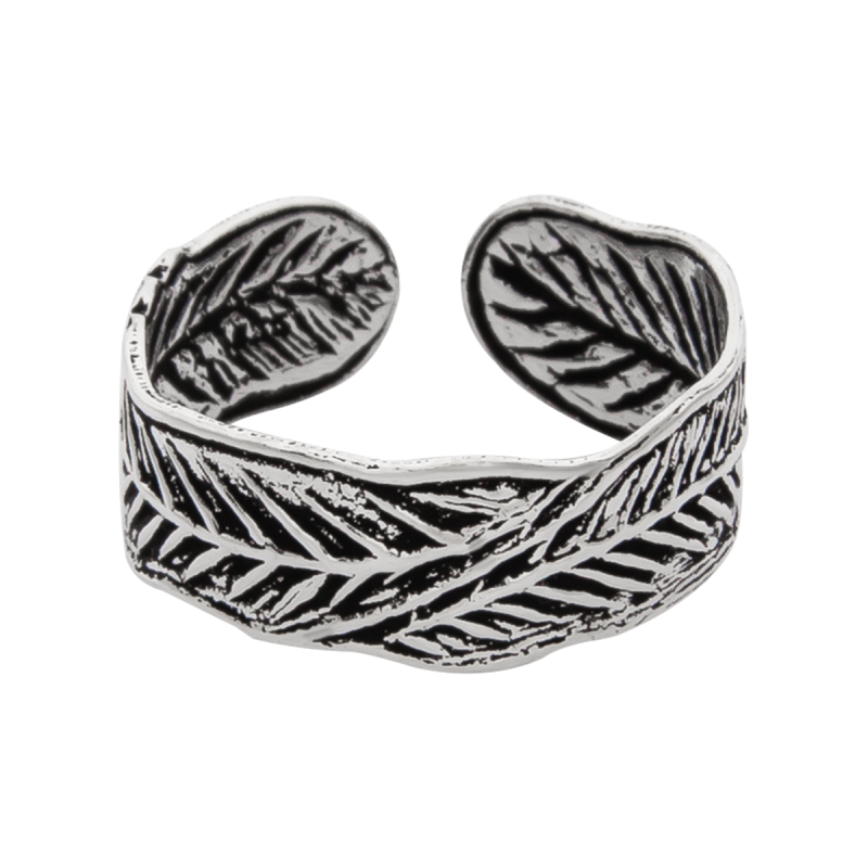 Zilveren teenring, geoxideerd met bladpatroon