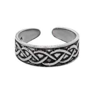 Zilveren teenring, gevlochten patroon met geoxideerde delen