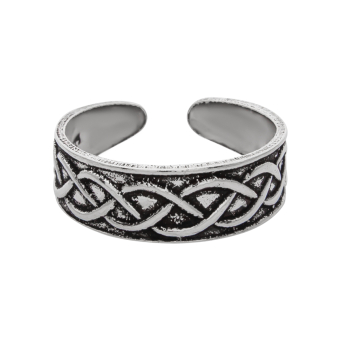 Zilveren teenring, gevlochten patroon met geoxideerde delen