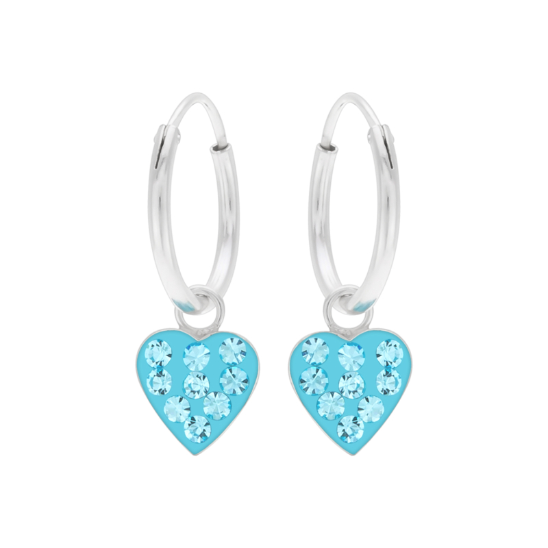 Oorhangers zilverblauw hart met blauwe kristallen