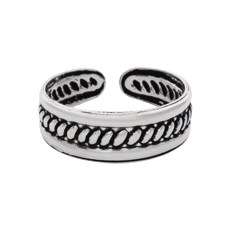 Zilveren teenring, ring met gladde randen en patroon in het midden