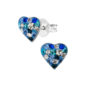 Oorknopjes zilver blauw hart met gekleurde kristallen