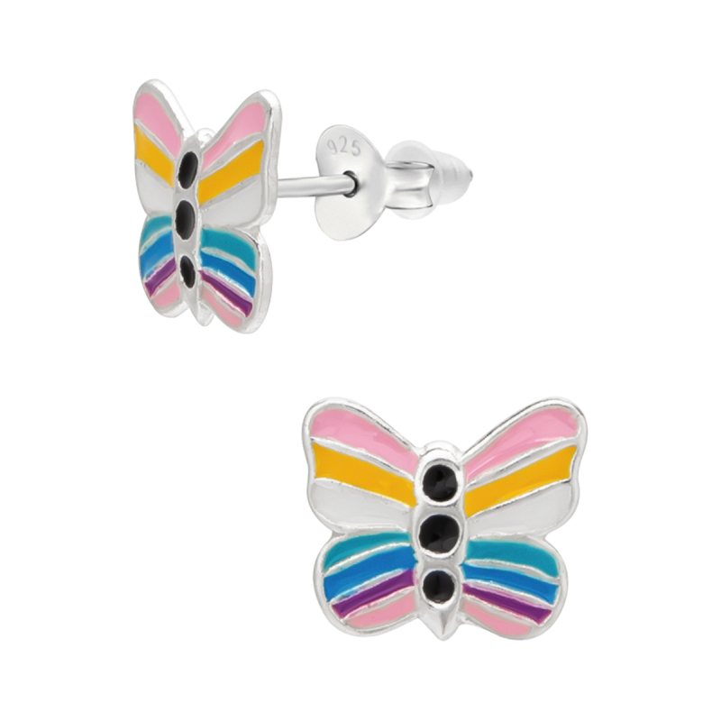 Oorknopjes zilver vlinder met vleugels in pastelkleuren