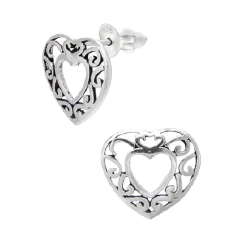 Oorknopjes zilver open hart met sierlijk bewerkte rand