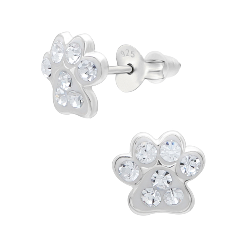 Oorknopjes zilver dierenpoot met  kristallen