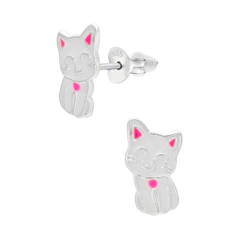 Oorknopjes zilver kat met roze accenten