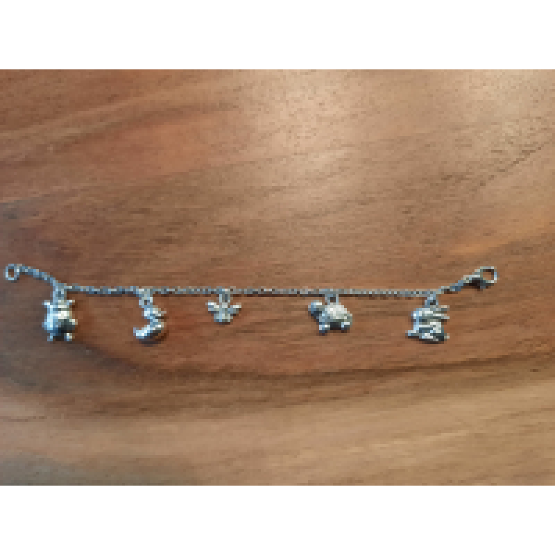 Kinderarmband met 5 bedels 15,5cm: konijn, schildpad, lieveheersbeestje, eendje en bijtje