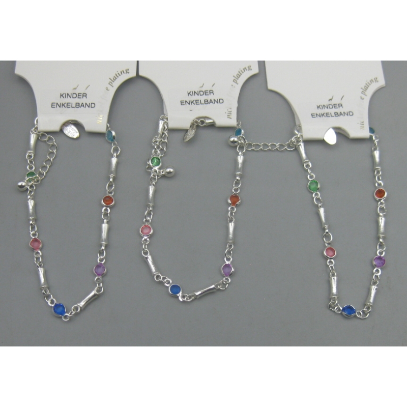 Enkelbandje voor kinderen zilverkleurig  met gekleurde stenen