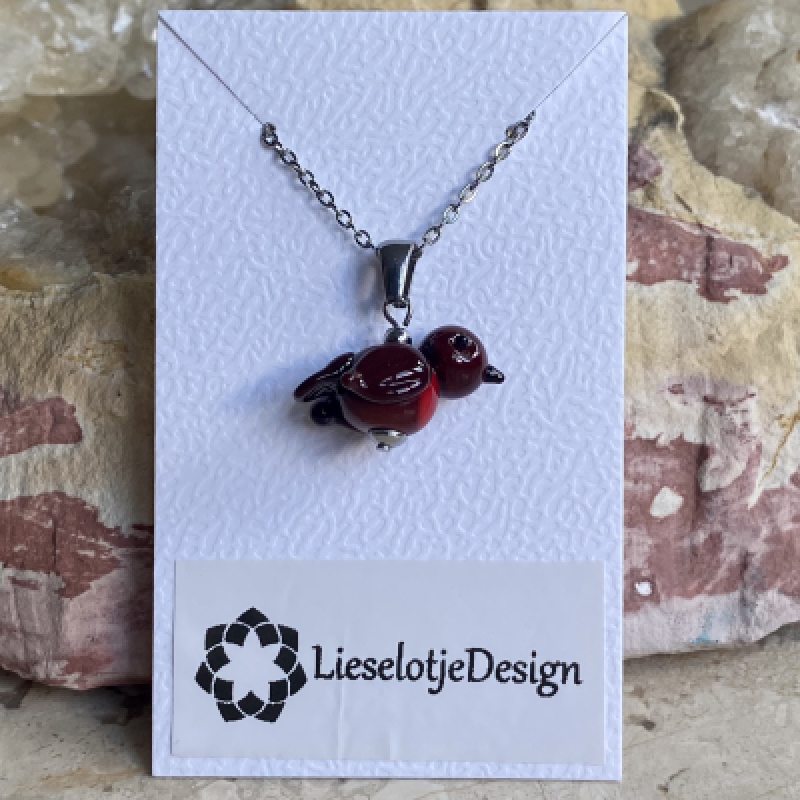 Hanger Roodborstje van glas met ketting (lampwork)