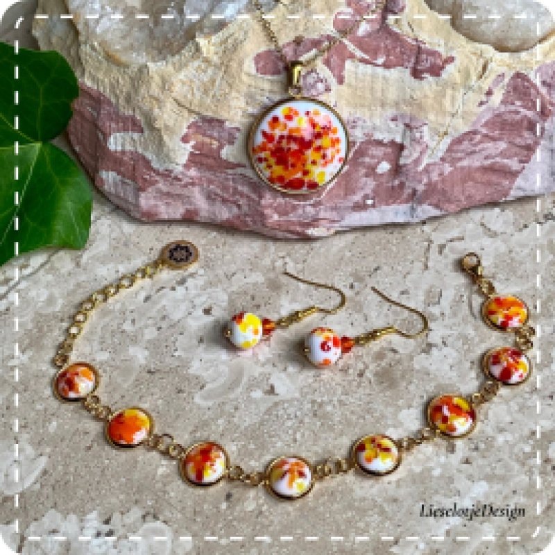 Cabochon sieradenset rood/oranje/geel (ketting+armband+oorbellen lampwork)