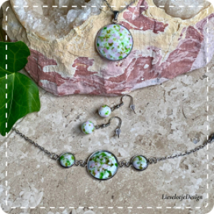 Cabochon sieradenset roze/groen tinten (ketting+armband+oorbellen lampwork)