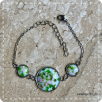 Cabochon sieradenset roze/groen tinten (ketting+armband+oorbellen lampwork)