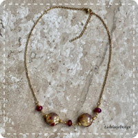 Lentil sieradenset fuchsia/paars/creme (ketting+armband+oorbellen lampwork)