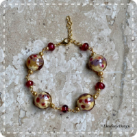 Lentil sieradenset fuchsia/paars/creme (ketting+armband+oorbellen lampwork)