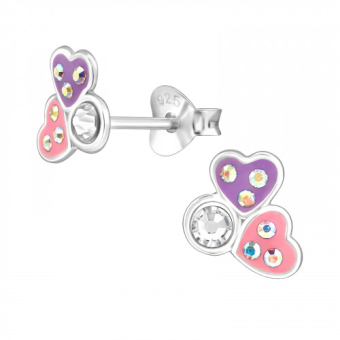 Oorknopjes zilver dubbel hart 8mm met kristallen