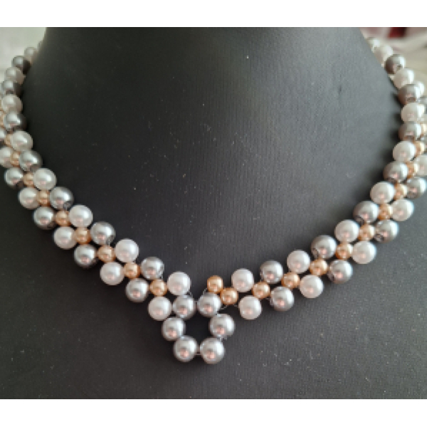 Kralenketting dames met grijze , witte en zalmkleurige parels