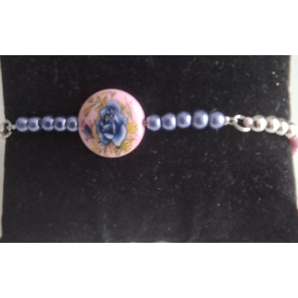 Armband Dames Gevlochten Nylon Koord Verstelbaar (22 cm) rose met lila kralen en kraal met een iris