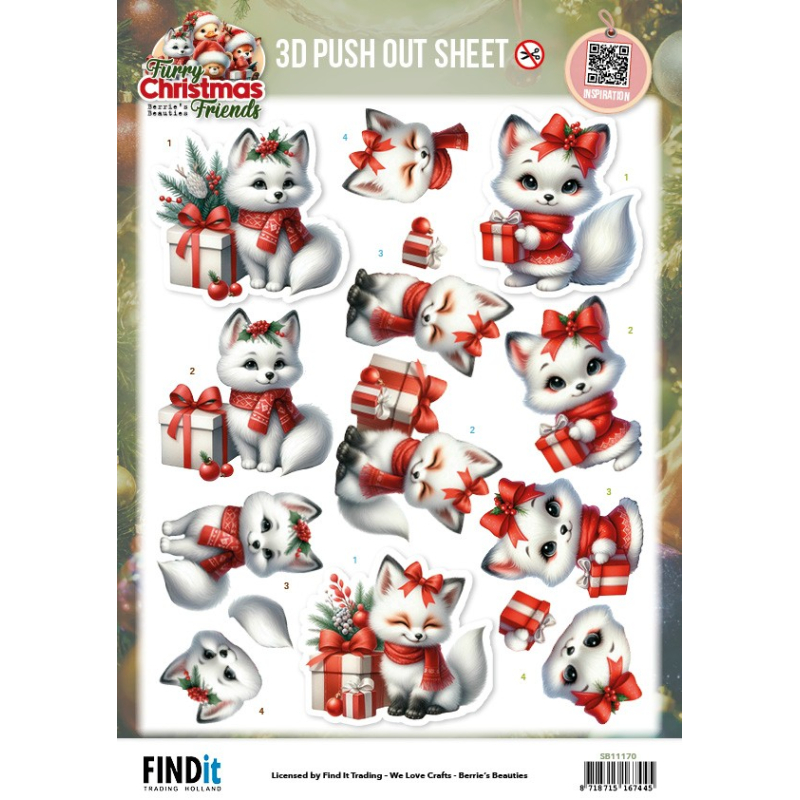  3D-Push Out - Berries Beauties - Furry Christmas Friends - Christmas White Fox