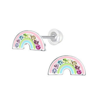 K3: Zilveren oorstekers K3 collectie, regenboog in pastelkleuren met kristallen