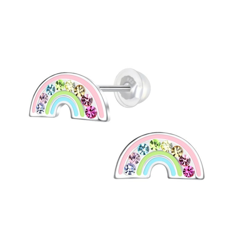 K3: Zilveren oorstekers K3 collectie, regenboog in pastelkleuren met kristallen